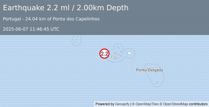 Earthquake AZORES ISLANDS, PORTUGAL (2.2 ml) (2025-06-07 11:46:45 UTC)