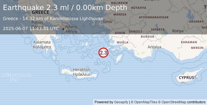 Earthquake DODECANESE ISLANDS, GREECE (2.3 ml) (2025-06-07 11:43:31 UTC)