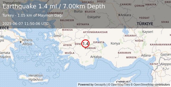 Earthquake WESTERN TURKEY (1.4 ml) (2025-06-07 11:50:06 UTC)