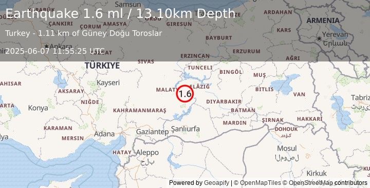 Earthquake EASTERN TURKEY (1.6 ml) (2025-06-07 11:55:25 UTC)