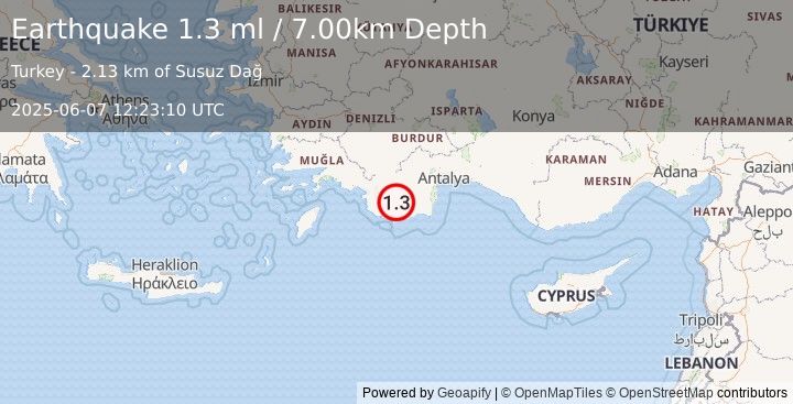 Earthquake WESTERN TURKEY (1.3 ml) (2025-06-07 12:23:10 UTC)