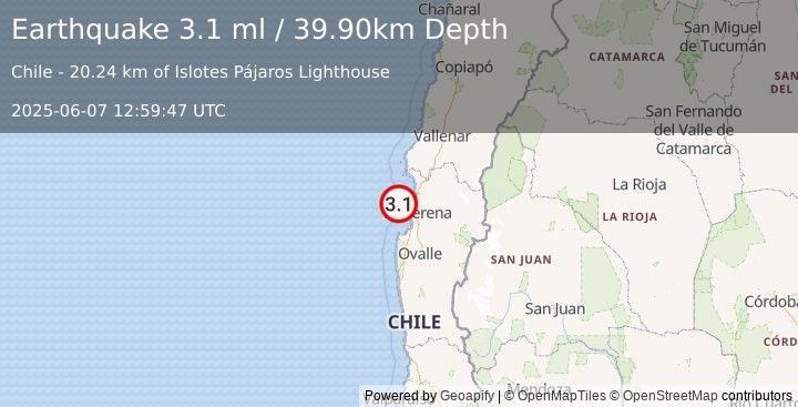 Earthquake OFFSHORE COQUIMBO, CHILE (3.1 ml) (2025-06-07 12:59:47 UTC)