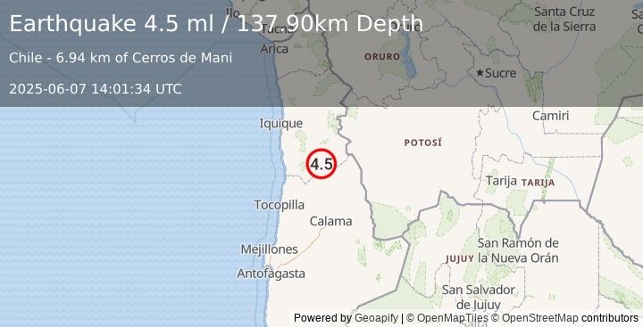 Earthquake TARAPACA, CHILE (4.7 mb) (2025-06-07 14:01:36 UTC)