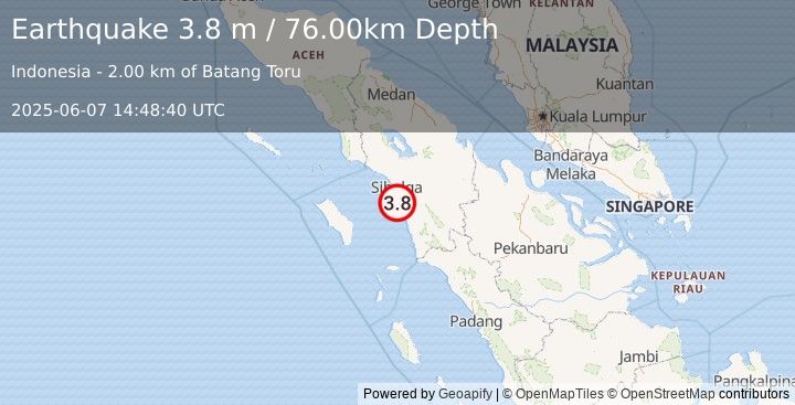 Earthquake NORTHERN SUMATRA, INDONESIA (3.8 m) (2025-06-07 14:48:40 UTC)