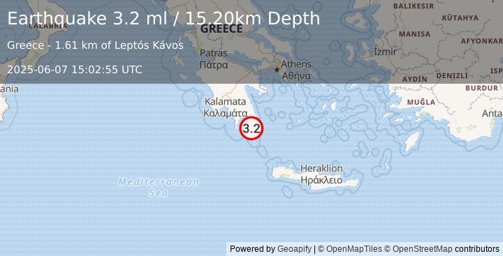 Earthquake SOUTHERN GREECE (3.2 ml) (2025-06-07 15:02:55 UTC)