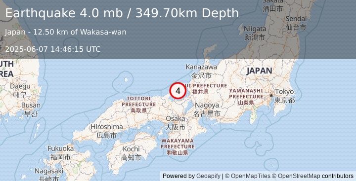 Earthquake WESTERN HONSHU, JAPAN (4.0 mb) (2025-06-07 14:46:15 UTC)