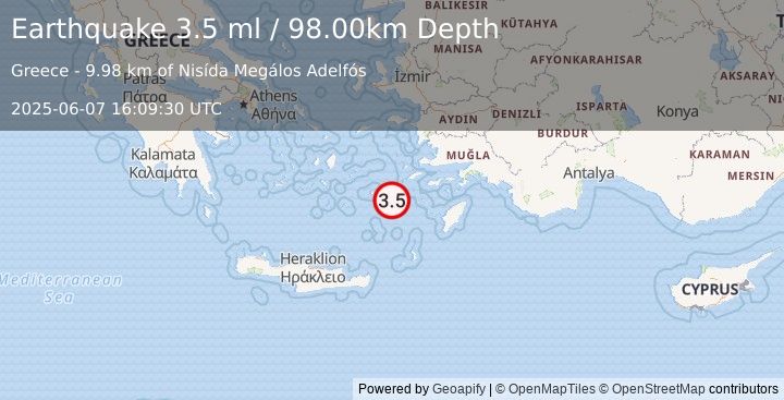 Earthquake DODECANESE ISLANDS, GREECE (3.7 ml) (2025-06-07 16:09:29 UTC)