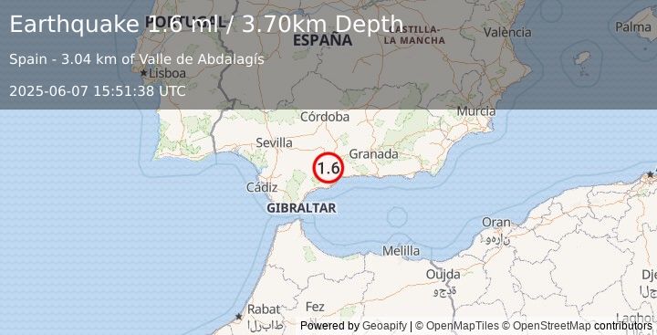 Earthquake STRAIT OF GIBRALTAR (1.6 ml) (2025-06-07 15:51:38 UTC)