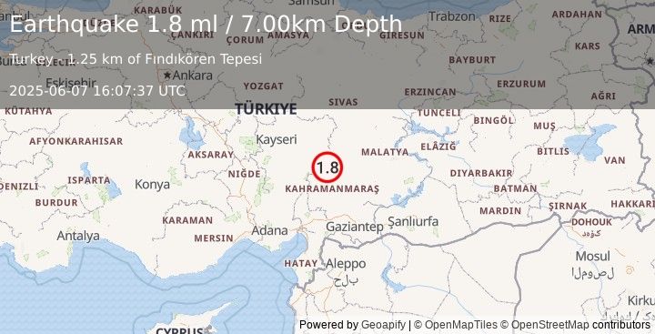 Earthquake CENTRAL TURKEY (1.8 ml) (2025-06-07 16:07:37 UTC)