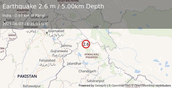 Earthquake HIMACHAL PRADESH, INDIA (2.6 m) (2025-06-07 16:31:11 UTC)