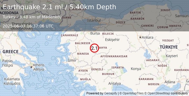 Earthquake WESTERN TURKEY (2.1 ml) (2025-06-07 16:37:06 UTC)