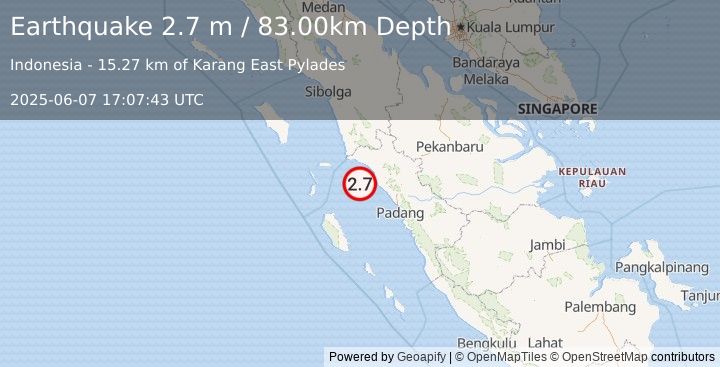Earthquake SOUTHERN SUMATRA, INDONESIA (2.7 m) (2025-06-07 17:07:43 UTC)