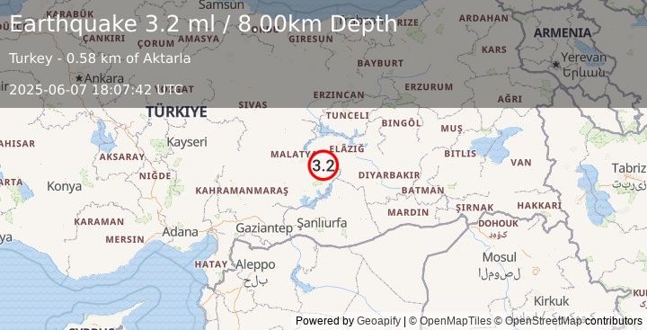 Earthquake EASTERN TURKEY (3.2 ml) (2025-06-07 18:07:42 UTC)