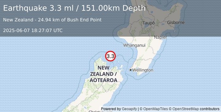 Earthquake COOK STRAIT, NEW ZEALAND (3.3 ml) (2025-06-07 18:27:07 UTC)