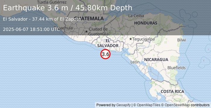 Earthquake OFFSHORE EL SALVADOR (3.6 m) (2025-06-07 18:51:00 UTC)