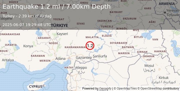 Earthquake CENTRAL TURKEY (1.2 ml) (2025-06-07 19:29:48 UTC)
