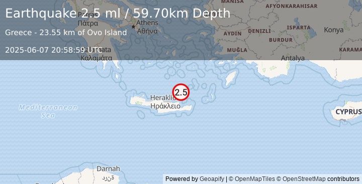 Earthquake CRETE, GREECE (2.5 ml) (2025-06-07 20:58:59 UTC)