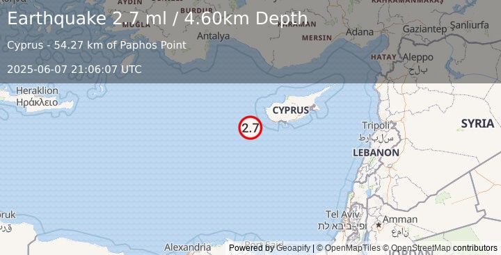 Earthquake CYPRUS REGION (2.7 ml) (2025-06-07 21:06:07 UTC)