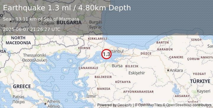 Earthquake WESTERN TURKEY (1.3 ml) (2025-06-07 21:26:27 UTC)