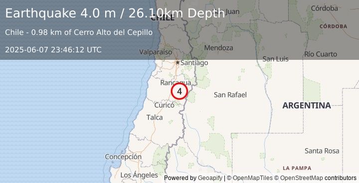 Earthquake LIBERTADOR O'HIGGINS, CHILE (3.7 ml) (2025-06-07 23:46:14 UTC)