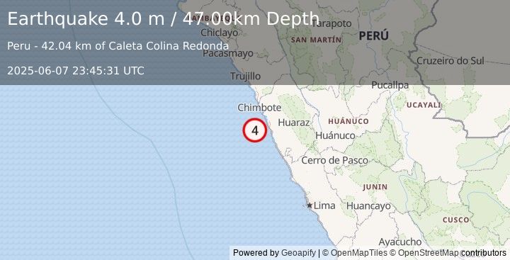 Earthquake NEAR COAST OF NORTHERN PERU (4.0 m) (2025-06-07 23:45:31 UTC)