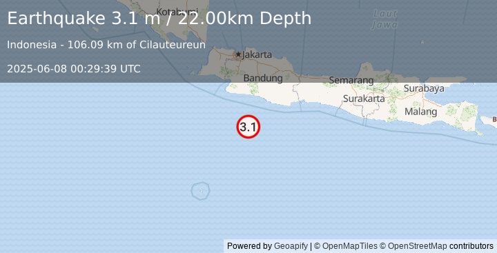 Earthquake JAVA, INDONESIA (3.1 m) (2025-06-08 00:29:39 UTC)