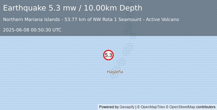 Earthquake ROTA REGION, N. MARIANA ISLANDS (5.3 mw) (2025-06-08 00:50:30 UTC)