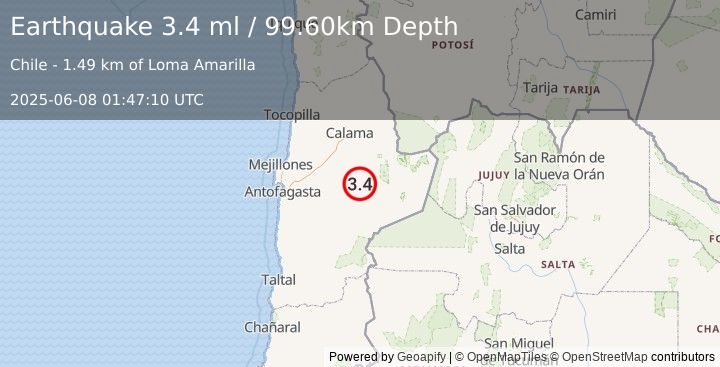 Earthquake ANTOFAGASTA, CHILE (3.4 ml) (2025-06-08 01:47:10 UTC)