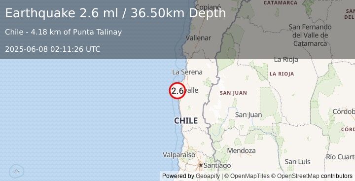 Earthquake COQUIMBO, CHILE (2.6 ml) (2025-06-08 02:11:26 UTC)