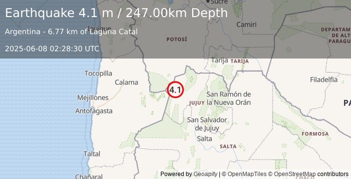 Earthquake JUJUY, ARGENTINA (4.1 m) (2025-06-08 02:28:30 UTC)