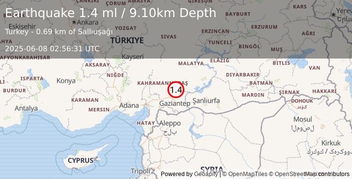Earthquake CENTRAL TURKEY (1.4 ml) (2025-06-08 02:56:31 UTC)