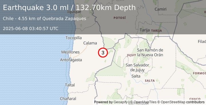 Earthquake ANTOFAGASTA, CHILE (3.0 ml) (2025-06-08 03:40:57 UTC)