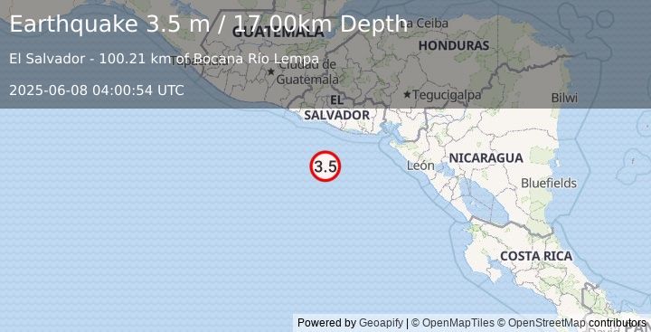 Earthquake OFF THE COAST OF EL SALVADOR (3.5 m) (2025-06-08 04:00:54 UTC)