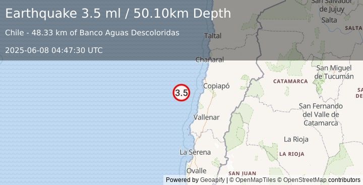 Earthquake OFFSHORE ATACAMA, CHILE (3.5 ml) (2025-06-08 04:47:30 UTC)