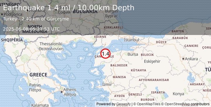 Earthquake WESTERN TURKEY (1.4 ml) (2025-06-08 05:27:53 UTC)