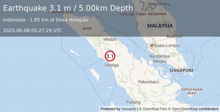 Earthquake NORTHERN SUMATRA, INDONESIA (3.1 m) (2025-06-08 05:27:29 UTC)