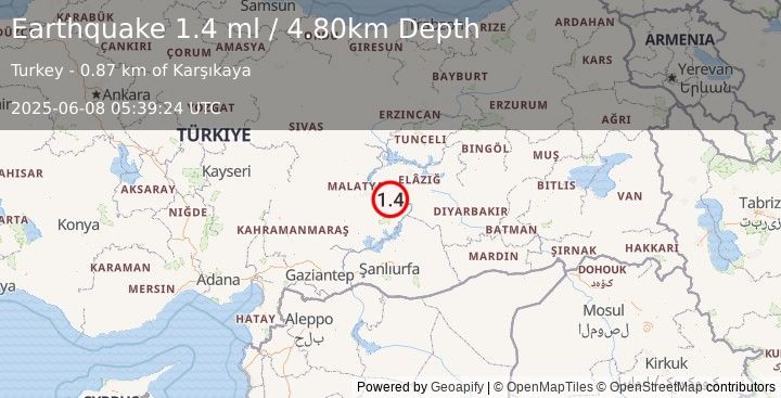 Earthquake EASTERN TURKEY (1.4 ml) (2025-06-08 05:39:24 UTC)