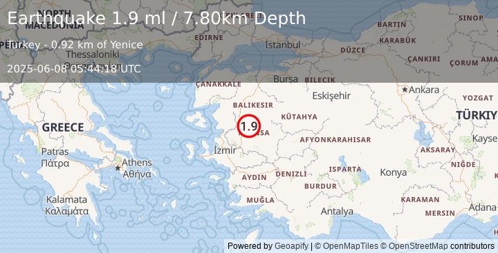 Earthquake WESTERN TURKEY (1.9 ml) (2025-06-08 05:44:18 UTC)