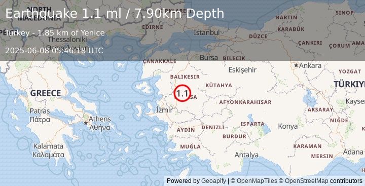 Earthquake WESTERN TURKEY (1.1 ml) (2025-06-08 05:46:18 UTC)
