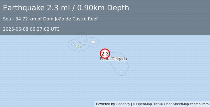Earthquake AZORES ISLANDS, PORTUGAL (2.3 ml) (2025-06-08 06:27:02 UTC)