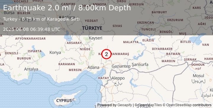 Earthquake CENTRAL TURKEY (2.0 ml) (2025-06-08 06:39:47 UTC)