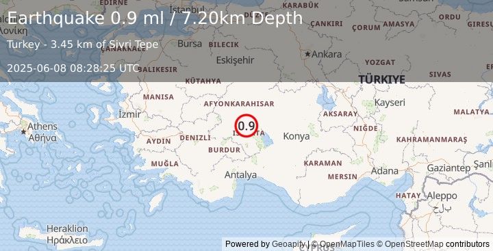 Earthquake WESTERN TURKEY (0.9 ml) (2025-06-08 08:28:25 UTC)