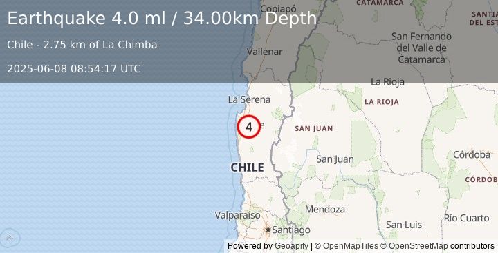 Earthquake COQUIMBO, CHILE (4.0 ml) (2025-06-08 08:54:17 UTC)