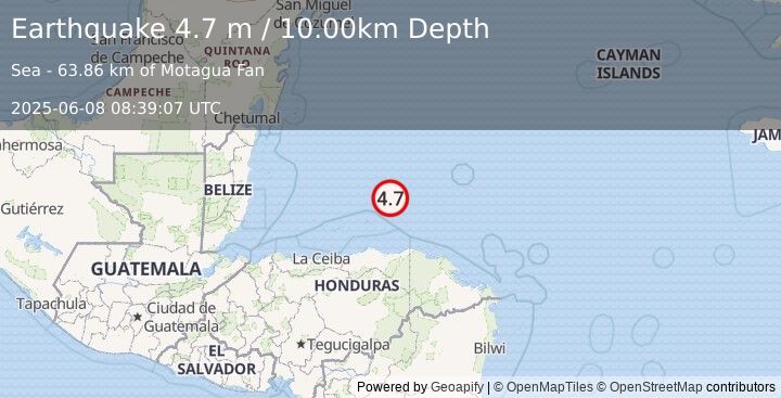 Earthquake NORTH OF HONDURAS (4.7 m) (2025-06-08 08:39:07 UTC)