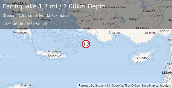 Earthquake DODECANESE IS.-TURKEY BORDER REG (1.7 ml) (2025-06-08 08:30:58 UTC)
