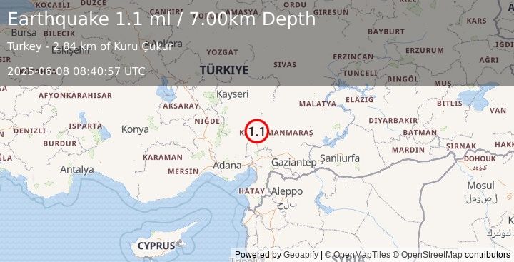 Earthquake CENTRAL TURKEY (1.1 ml) (2025-06-08 08:40:57 UTC)