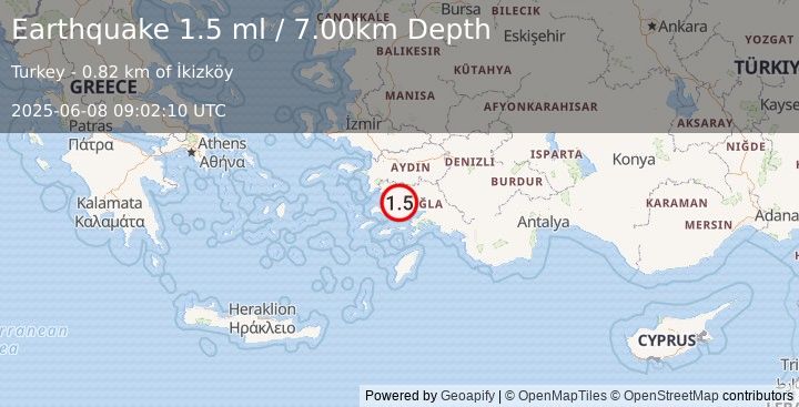 Earthquake WESTERN TURKEY (1.5 ml) (2025-06-08 09:02:10 UTC)