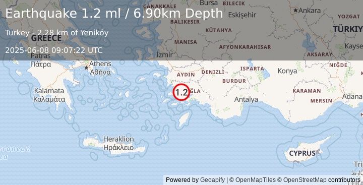 Earthquake WESTERN TURKEY (1.2 ml) (2025-06-08 09:07:22 UTC)
