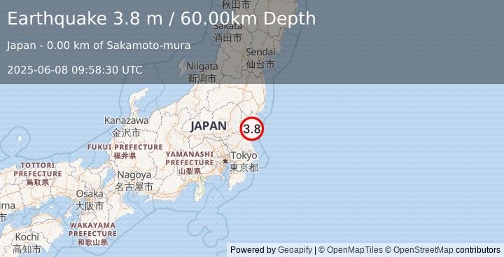 Earthquake NEAR EAST COAST OF HONSHU, JAPAN (3.8 m) (2025-06-08 09:58:30 UTC)