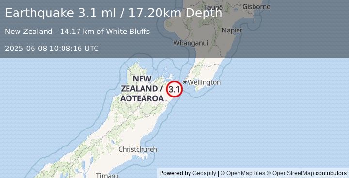 Earthquake COOK STRAIT, NEW ZEALAND (3.1 ml) (2025-06-08 10:08:16 UTC)
